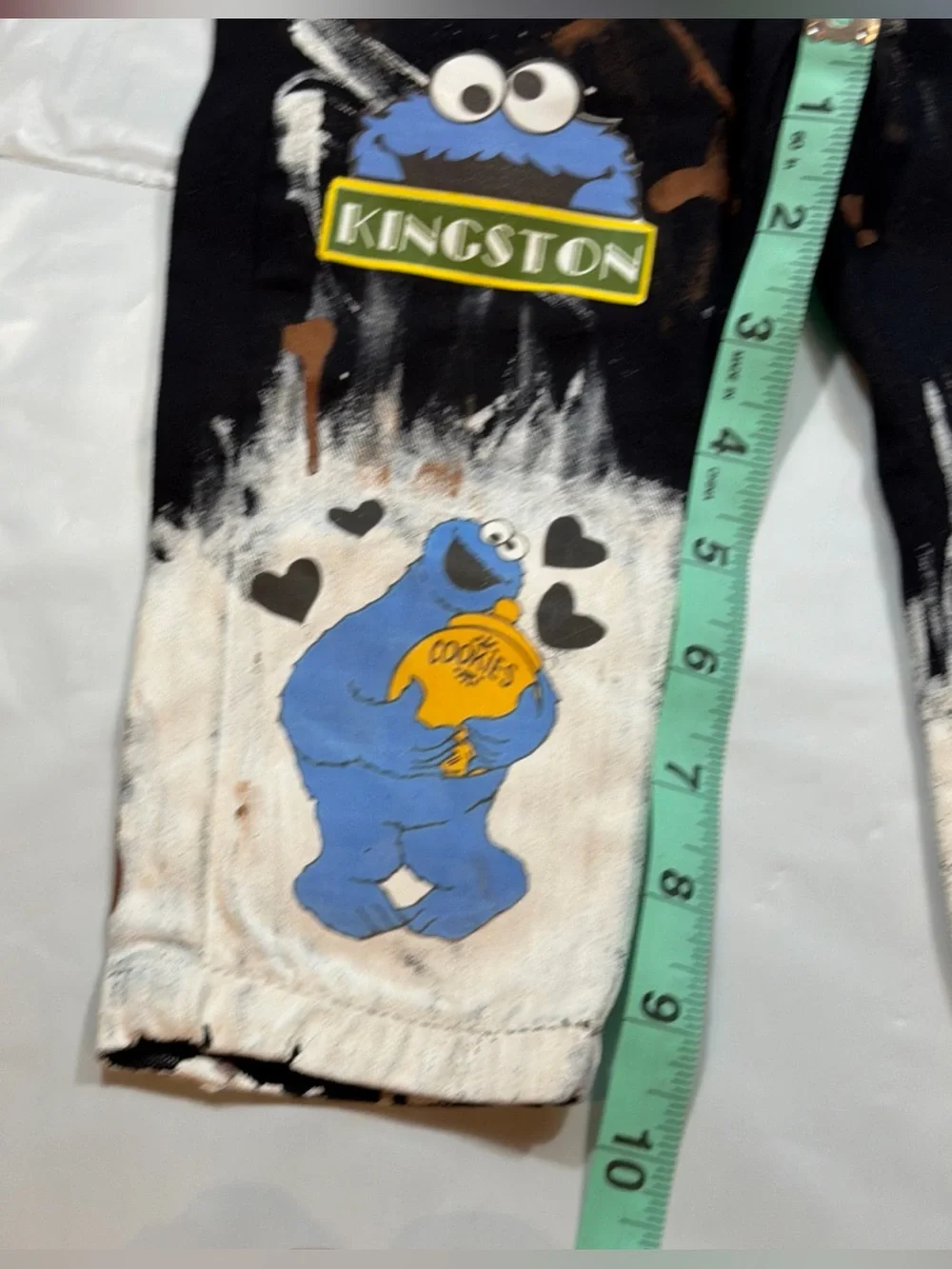 OFFCORSS BLACK denim bib overall jeans white tan paint splatters COOKIE MONSTER